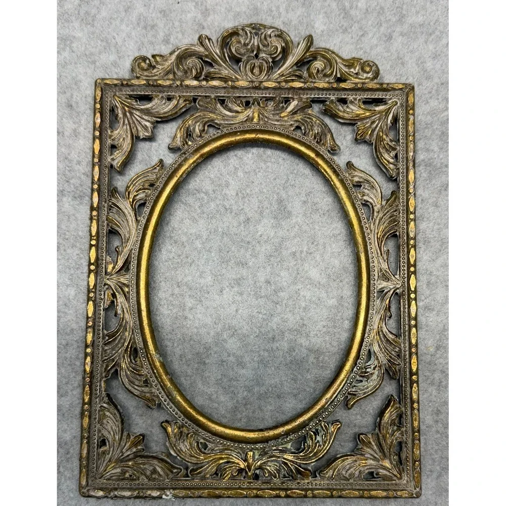 Vintage Ornate Brass Filigree Picture Frame Oval Opening Gold Victorian Style